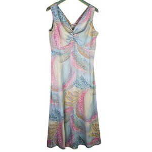 Vintage Sleeveless Maxi Pastel Floral Peacock Abstract Style Dress, Sz Large